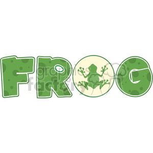 The clipart image displays the word FROG with each letter designed to represent elements of a frog or a swamp. The letters 'F', 'R', and 'G' are depicted in a green color with darker green spots, reminiscent of a frog's skin or a swampy texture. The letter 'O' is a circle showcasing the silhouette of a frog in the center, positioned as if it is leaping, and it is surrounded by a lighter colored background.