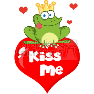 The clipart image features a cartoon-style green frog sitting on a big red heart with the phrase Kiss me written in white letters across it. The frog is wearing a yellow crown and has exaggerated, round, blue eyes, with one heart floating above its head and another to the side. The frog's tongue is playfully sticking out.