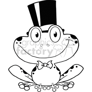 The image shows a cartoon frog with a humorous appearance. The frog is styled wearing a top hat and a bow tie, adding a quirky, anthropomorphic character to the image. It's a black and white line drawing that could typically be used for coloring activities or as a fun graphic in various media.