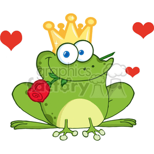 This image is a cartoon depiction of a green frog with big cartoonish eyes and a golden crown on its head, holding a red rose in its mouth. There are also two red hearts floating on the top left side of the frog, likely indicating a theme of love.