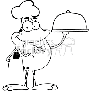  The image is a black and white line drawing of a humorous, anthropomorphic frog character dressed as a chef. The frog is standing upright on its hind legs and is wearing a chef