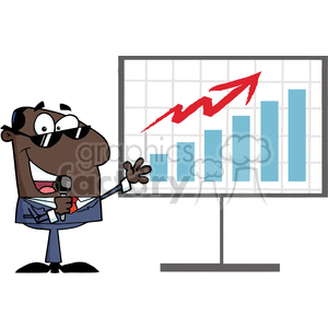 Cartoon-African-American-Businessman-Talking-Into-A-Microphone-And-Shows-His-Hand-On-A-Board