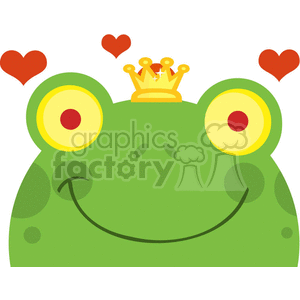 A funny green frog wearing a crown, surrounded by red hearts, with a joyful expression.