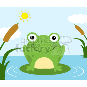 Cartoon Happy Frog Character On a Leaf In Lake