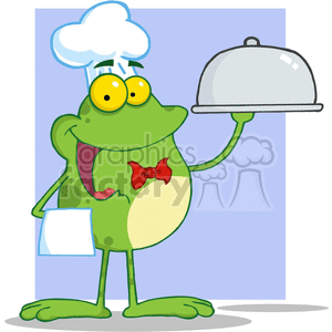   This clipart image features a cartoon frog standing upright and dressed as a chef. It has oversized, comical eyes and is wearing a white chef