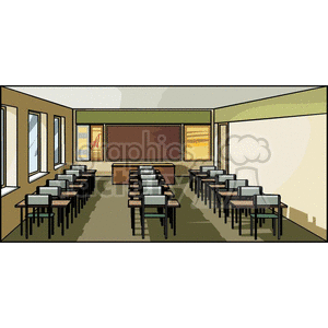 Realistic classroom with desks and chairs 