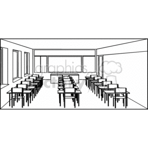Black And White Outline Of A Classroom With Desks Clipart Royalty