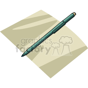 A clipart image of a pen resting on a sheet of paper, symbolizing writing and education.