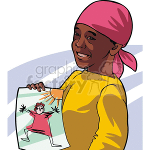 Cartoon African American boy showing a drawing 