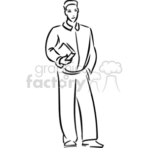 Black and white outline of a student holding a text book