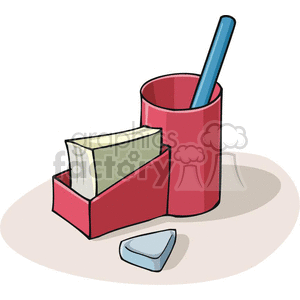 Clipart image of educational supplies including a red organizing container with pens and pencils, sticky notes, and an eraser.