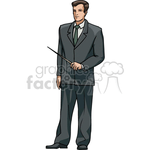 A clipart image of a teacher wearing a suit and tie, holding a pointer, symbolizing education and classroom instruction.