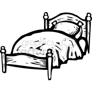 Black and white clipart image of a bed with pillows and a blanket.