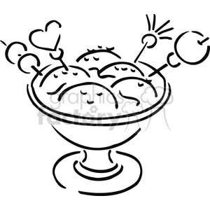 A clipart image of a bowl of ice cream with multiple scoops and decorative sticks featuring heart shapes.