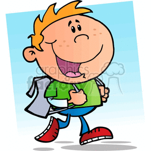 This image features a cartoon of a happy schoolboy. He has exaggerated, funny features with a large head, wide-open mouth in a cheerful expression, and a tuft of blonde hair on top. He is wearing a green shirt with a grayish backpack over one shoulder, blue pants, and red shoes. The background indicates a light blue color giving the impression of a clear sky, which could suggest it is daytime.