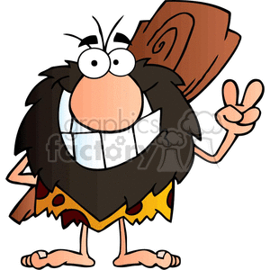 A humorous cartoon caveman character with a big grin, holding up a peace sign, wearing a traditional animal skin outfit, and carrying a wooden club.