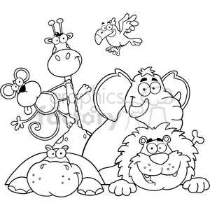 The line art drawing shows a group of cartoon jungle animals, including a monkey, a lion, a giraffe, an elephant, a zebra, and a parrot. The characters are depicted in a humorous style and are designed as vector graphics, allowing for easy resizing without losing quality. 