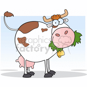 The clipart image depicts a cartoon cow with a comical expression. The cow is standing, with large googly eyes and a silly smile. It has a classic black and white patchy pattern typical for dairy cows, a tuft of red hair on its head, small horns, and it is eating a green tuft of grass. The background is minimal, suggesting a clear sky.