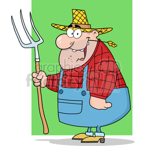 A cartoon farmer character wearing a straw hat, red plaid shirt, blue overalls, and holding a pitchfork, set against a green background.