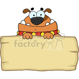 This clipart image features a cartoon dog with exaggerated, funny facial features, such as large, wide-spaced eyes and a broad smile. The dog is wearing a red collar with yellow decorations and is positioned behind a large, blank sign. Its paws are resting on the upper part of the sign, and it looks like it is peeking over, ready to engage the viewer. The sign provides space where text can be added for various purposes.