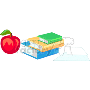 A colorful clipart image featuring a red apple, a stack of books, and sheets of paper, symbolizing school and education.