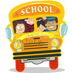 The image is a cartoon of a school bus with two children inside, a boy and a girl. The girl is wearing glasses.