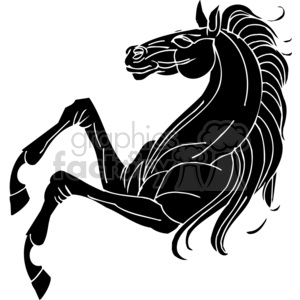 A black and white clipart image of a rearing horse with a muscular build and flowing mane. The horse is depicted in a dynamic pose, suggesting movement and power.