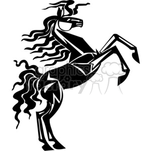 A stylized black and white clipart image of a rearing horse with flowing mane and tail.