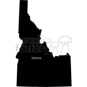 A silhouette outline of the state of Idaho in the United States. The map is filled in with black and labeled with the word 'Idaho'.