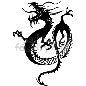 The image is a black and white vector illustration of a stylized Chinese dragon. It has a serpentine body, scales, an open-mouthed dragon head with protruding whiskers, and swirling accents, typical of traditional Chinese art. The dragon's body and tail curve in such a way that it could be used as a tattoo design or vinyl decal.