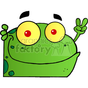 The clipart image features a comical and simplistic drawing of a green frog. The frog has large, exaggerated yellow eyes with red pupils, a wide smiling mouth, and is making a peace sign gesture with one hand. There are a few spots and marks on its skin, suggesting texture or patterns typical of a frog.