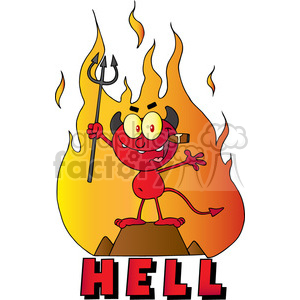   The clipart image depicts a caricature of a red devil character standing on a rocky outcrop with flames surrounding it. The devil has horns, a tail, and is holding a trident. It