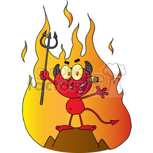 This clipart image features a cartoon depiction of a devil or demon. The character is red with a pointy tail, horns, and is holding a pitchfork. The devil has a mischievous facial expression, with raised eyebrows and a wide grin. It appears to be standing on a small mound or hill, with flames in the background, giving the impression that it is in a fiery environment, presumably intended to be hell.