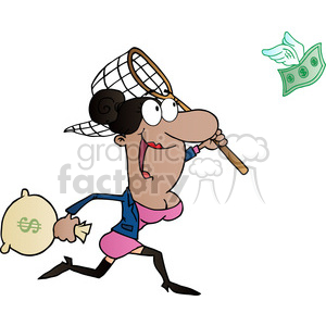 A cartoon clipart image of a businesswoman running with a net and a bag of money, trying to catch a flying dollar bill.