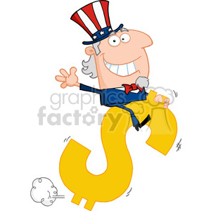 A cartoon character donning a patriotic hat and blue suit, resembling Uncle Sam, rides a large golden dollar sign.