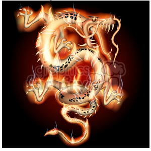 Clipart image of a fiery Chinese dragon with flames surrounding its body set against a dark background.