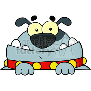The image features a cartoonish, comical dog. The dog has exaggerated large eyes, a big black nose, and floppy ears. It's lying down with its paws visible in front of it