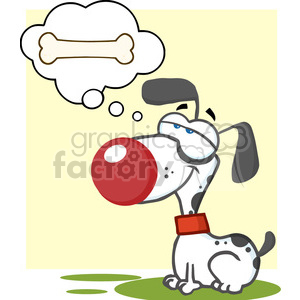 The image depicts a cartoon of a white dog with black spots sitting on a green patch of grass. The dog has a thought bubble above its head, daydreaming of a bone. The dog is wearing a red collar. The background is a simple gradient beige.