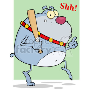 The image features a comical cartoon character of a dog that appears to be sneaking around on tiptoe. The dog has an exaggeratedly large, round body with a greyish-blue color, a reddish-pink nose, and a bandolier-style strap with yellow dots across its chest. It is holding a baseball bat over one shoulder and making a shh gesture with one finger over its mouth. The dog has one popped-out eye, which contributes to the funny, over-the-top sneaky appearance, as well as a small patch on its cheek, possibly suggesting a rough-and-tumble character. The background is a simple two-tone gradient, and the word Shh! is written in red, adding to the sneaky theme.