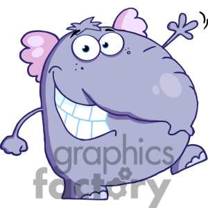 The clipart image shows a stylized cartoon elephant. The elephant is depicted as being purple with a friendly and happy expression, showcasing a large grin revealing two rows of teeth, which is not characteristic of real elephants. Additionally, this elephant has large, exaggerated blue eyes, a small tuft of hair on top of its head, and a raised trunk that ends with heart-like shapes. It also has two pink inner ears, which add a splash of color to its appearance.
