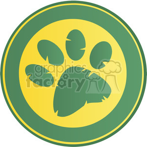 The clipart image depicts a stylized paw print with a comical twist. The paw print features four toe pads and a large heel pad, typical of a cartoon representation of an animal paw, such as a dog or cat. The image uses a green and yellow color scheme and is encircled by a thicker green border, which gives it a badge or emblem-like appearance.