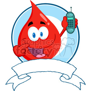 A comical blood drop character holding a phone, with a friendly expression, inside a circular background with a blank banner below.