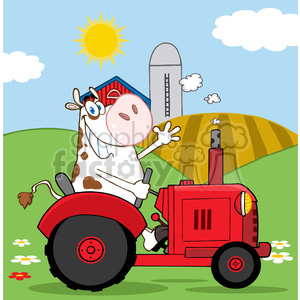   This clipart image features a humorous scene of a happy cow driving a red tractor. The background consists of a farm setting with a green hill, a barn, a silo, a bright sun, and some clouds. There are flowers in the foreground, suggesting a spring or summer season. 