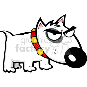   The image is a cartoon of an angry-looking dog. The dog appears to be white with black spots, including a patch over one eye, and it has a stern or grumpy expression. Its brows are furrowed, and it has one eye partially closed in a scowling manner. The dog