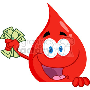 A comical cartoon blood drop character holding money, emphasizing the value and importance of blood donation.