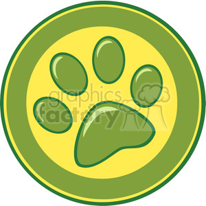The image is a simple clipart illustration of a paw print. The paw consists of one large pad at the bottom with four smaller pads above it, arranged in a way that resembles the footprint of a cat or dog. The colors used are shades of green and yellow, giving it a cheerful and somewhat cartoonish appearance.