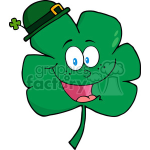   The clipart image shows a cartoon representation of a four-leaf clover with a playful face. It has large expressive eyes, freckles, and a wide, happy mouth with a tongue sticking out. The clover is also sporting a classic green top hat with a gold buckle, commonly associated with Irish folklore and St. Patrick