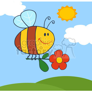 A colorful clipart image of a happy bee holding a red flower with green leaves in its legs, flying in a bright blue sky with white clouds and a yellow sun above green hills.