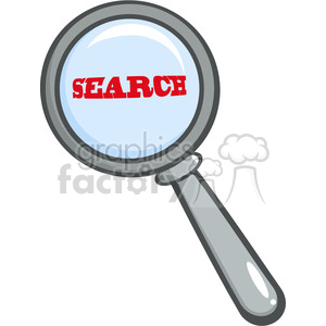 The image depicts a simple cartoon-style drawing of a magnifying glass. The lens of the magnifying glass has the word SEARCH prominently displayed in red, capitalized letters, indicating the action of searching or examining closely.