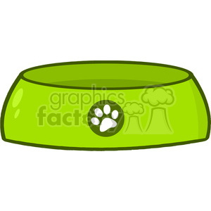   The image shows a simple drawing of a green dog bowl. It has a paw print design in the center on one side, and it